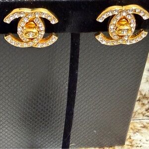 Vintage CHANEL Gold and Rhinestone Twist Lock Logo Earrings